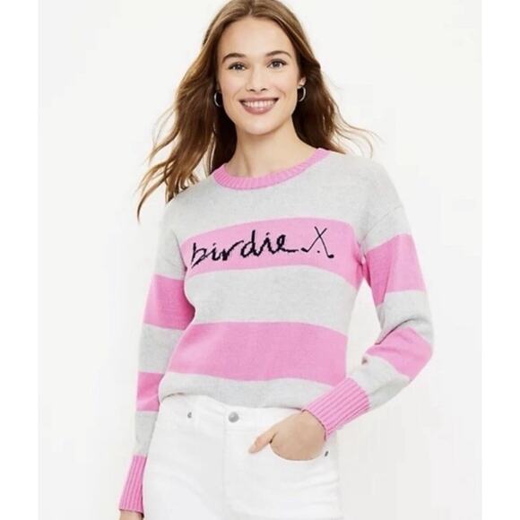 LOFT Sweaters - Ann Taylor LOFT Embroidered Golf Birdie Striped Sweater Pink Gray Size XS NEW